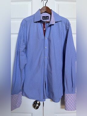 R&G Mens XL Blue Check Cotton Shirt Contrast Cuffs